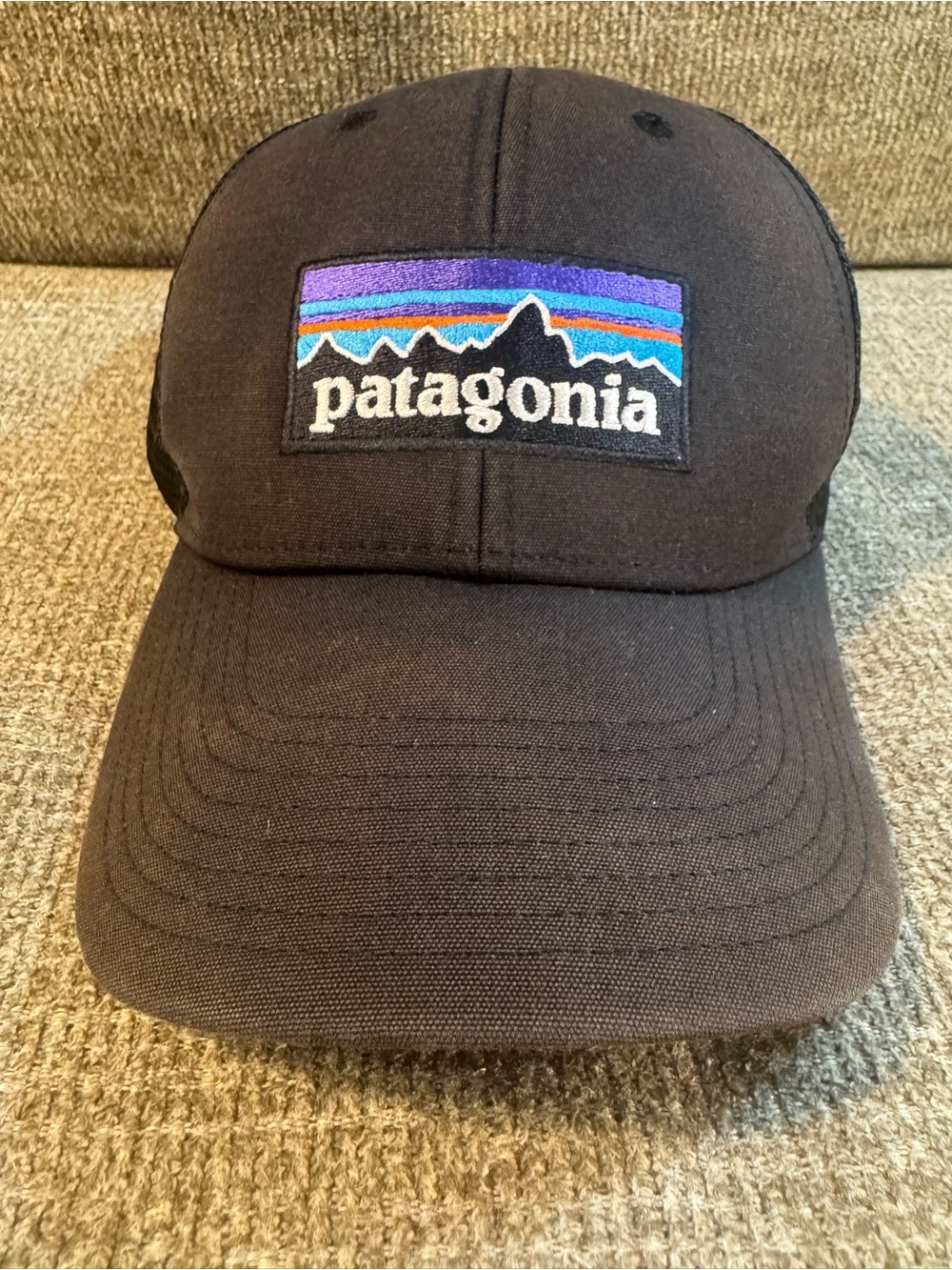 Patagonia P-6 Black Trucker Hat with Patagonia Logo
